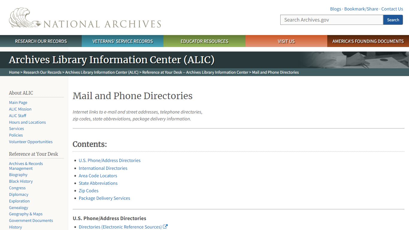 Mail and Phone Directories | National Archives